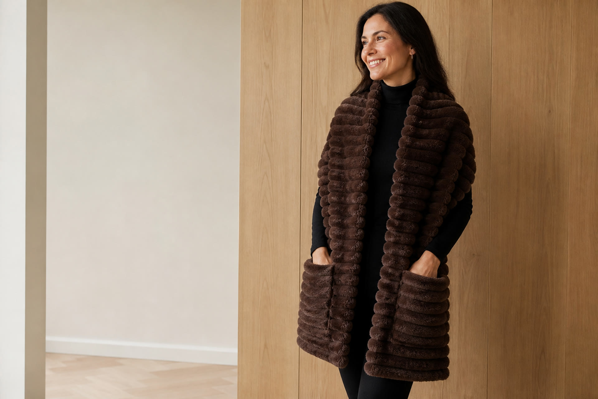 Brede HS Faux Fur sjaal 41086 met zakken